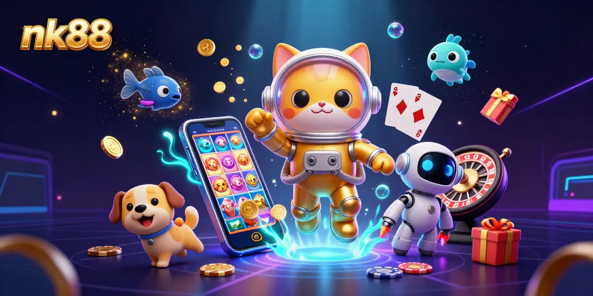 Play exciting games like nk88 with a 3D cartoon astronaut cat in a stunning casino scene.