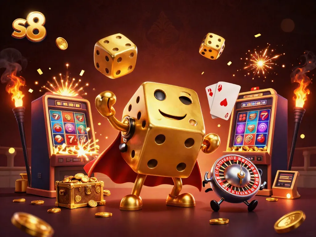 Experience the excitement of s8 with a dazzling gaming scene featuring a golden dice golem and slot machine treasures.