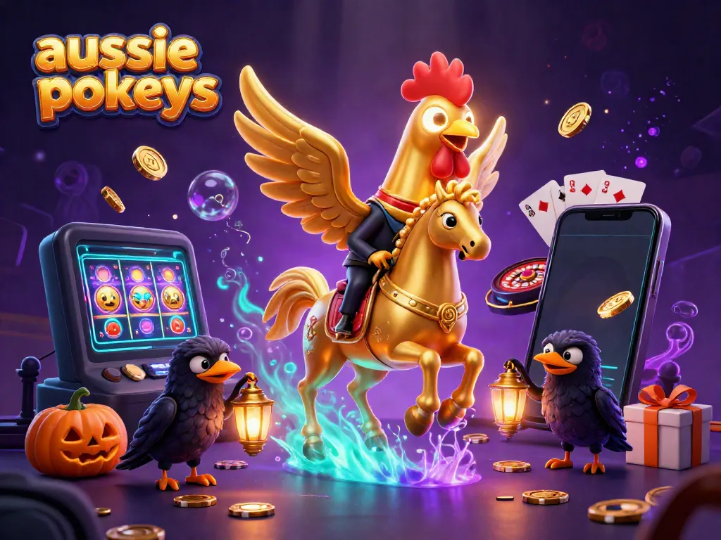 Experience exciting aussie pokies fun with golden rooster characters in a vibrant casino scene