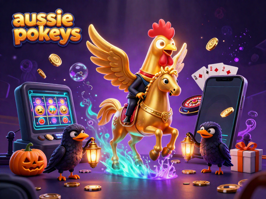 Experience exciting aussie pokies fun with golden rooster characters in a vibrant casino scene