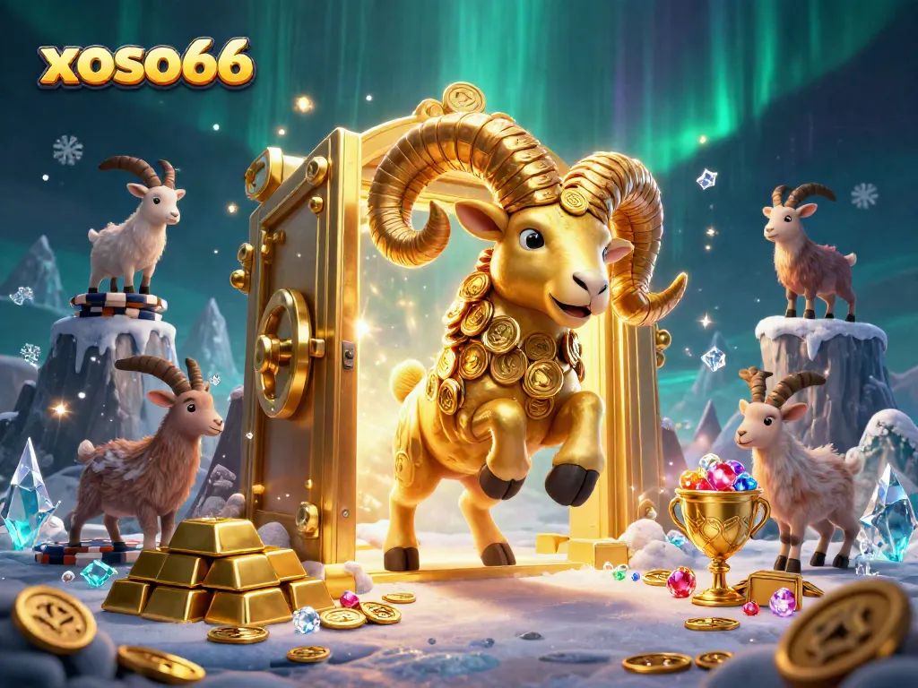 Experience the thrill at xoso66 with a vibrant illustration of a golden ram charging through a treasure vault.