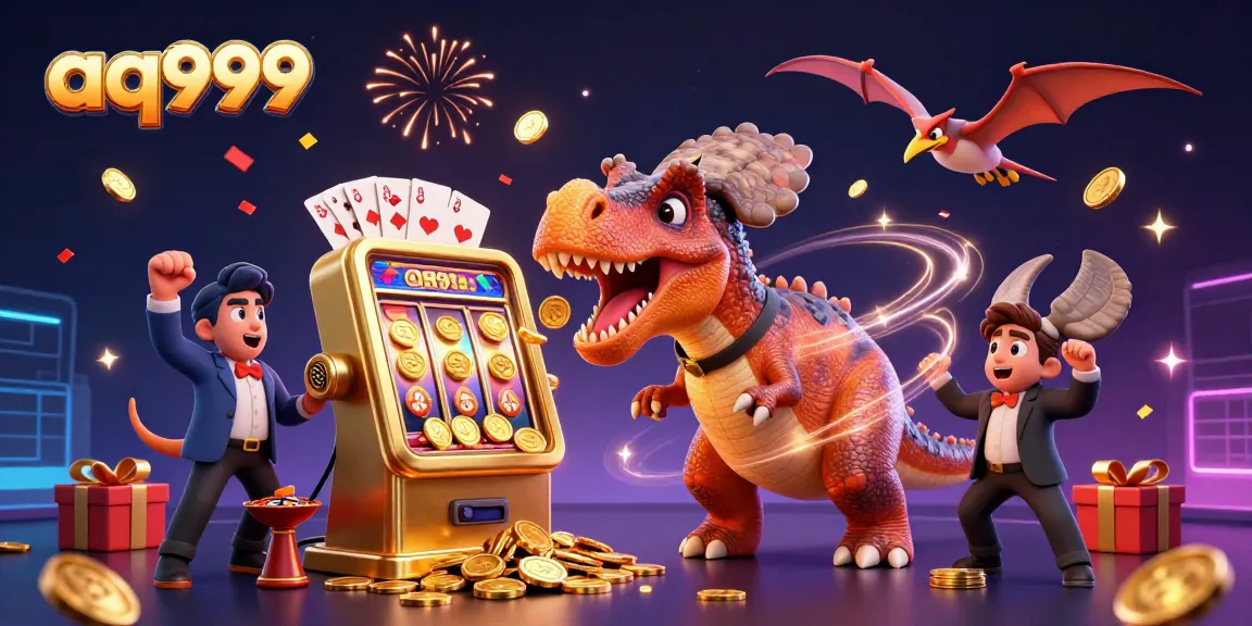Aquatic adventure at aq999 features a pachycephalosaurus interacting with a golden slot machine under a dynamic casino-themed atmosphere.