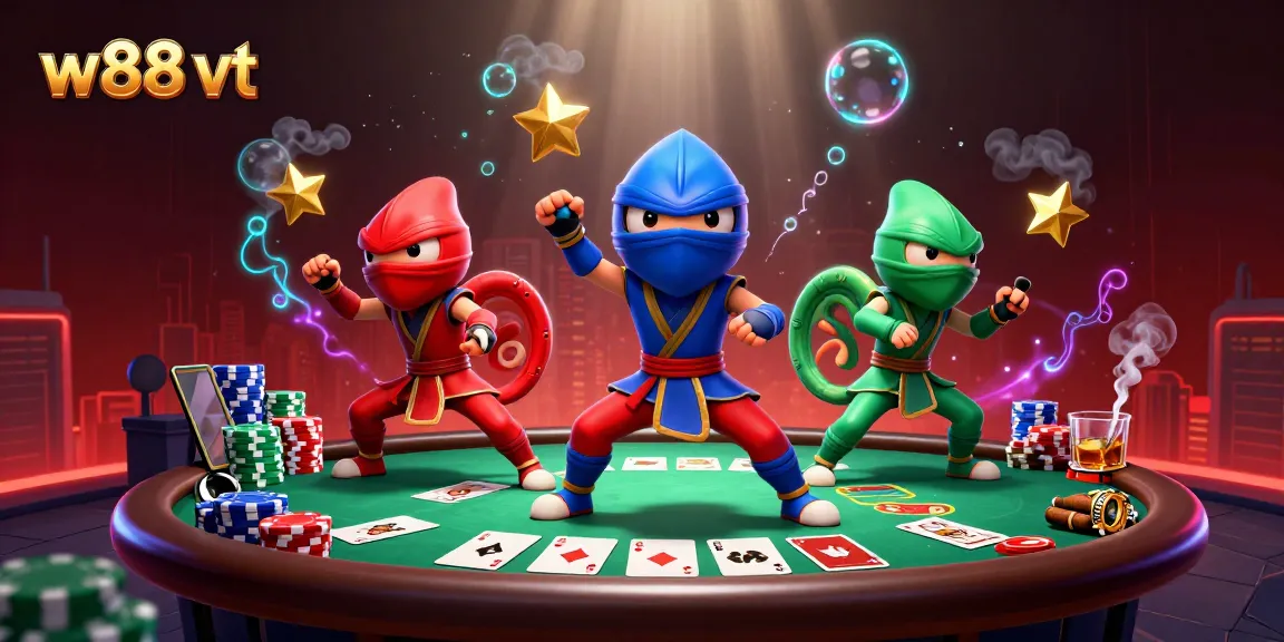 Chiến thắng lớn tại w88 vt với hình ảnh nhóm chameleon ninja vui nhộn trong trò chơi poker.