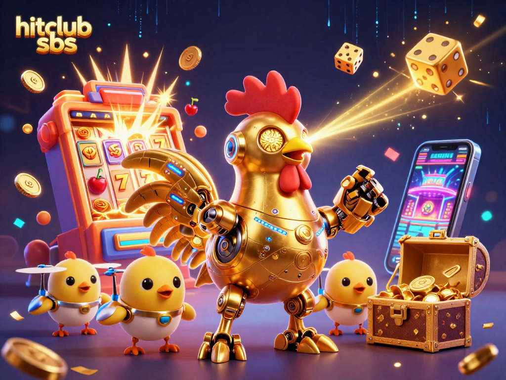 Engage with hitclub sbs as the golden rooster robot shoots lasers in a dynamic casino scene.