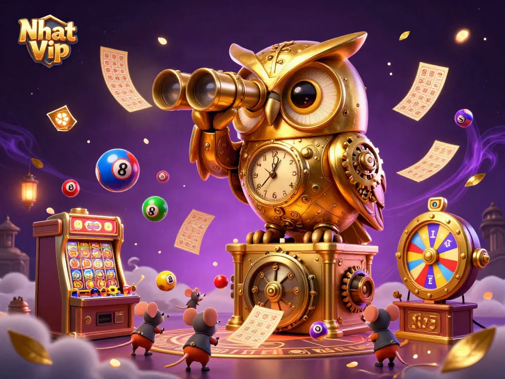 Engage in thrilling gaming adventures at Nhat Vip with slot machines, vibrant lottery elements, and a whimsical golden owl guide.