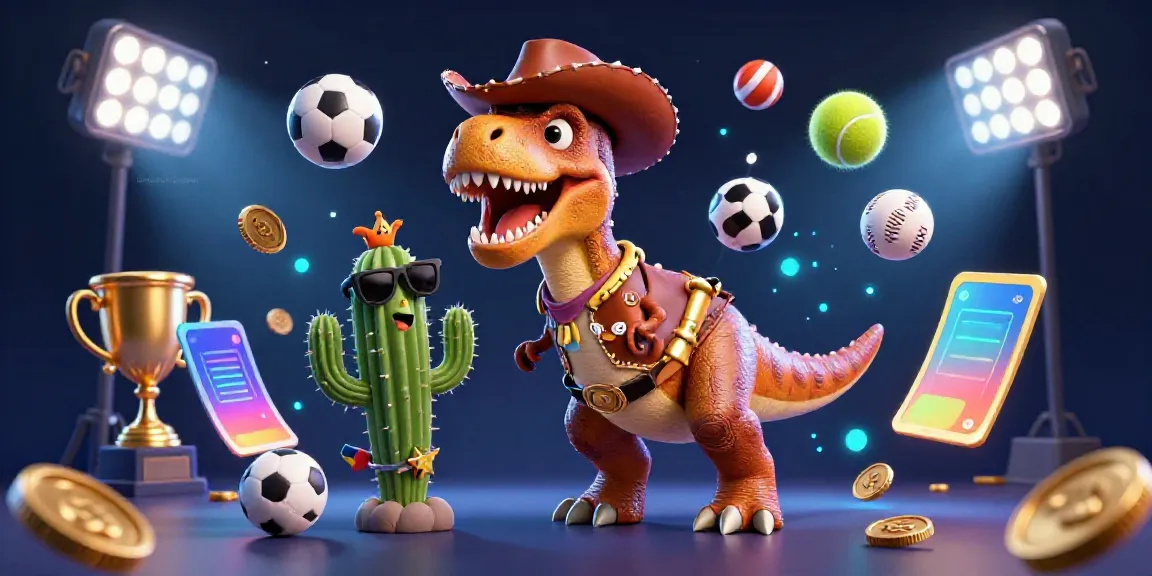 Engage with kết quả bóng đá - kqbd keonhacai featuring a lively 3D cartoon dinosaur and cactus amidst dynamic sports elements.