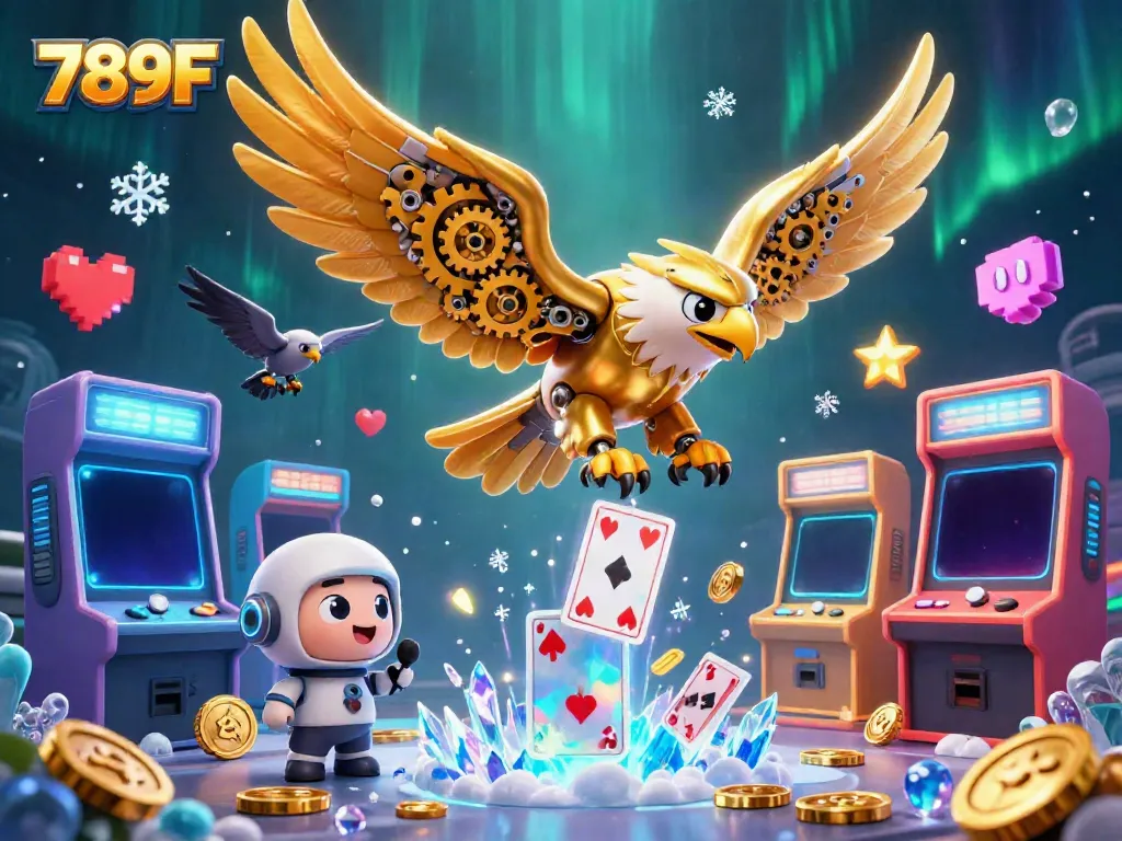 Experience thrilling gameplay at 789F, featuring a cybernetic eagle and vibrant casino elements.