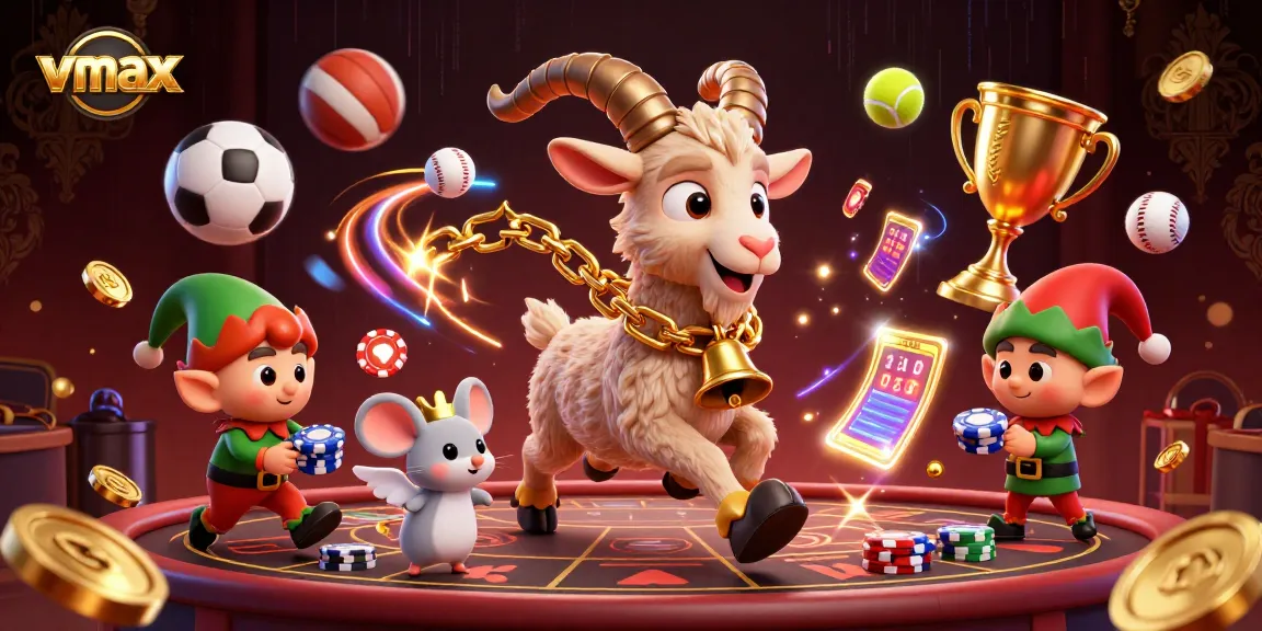 Engage with vmax by betting in a lively casino scene featuring thrilling games and festive characters.