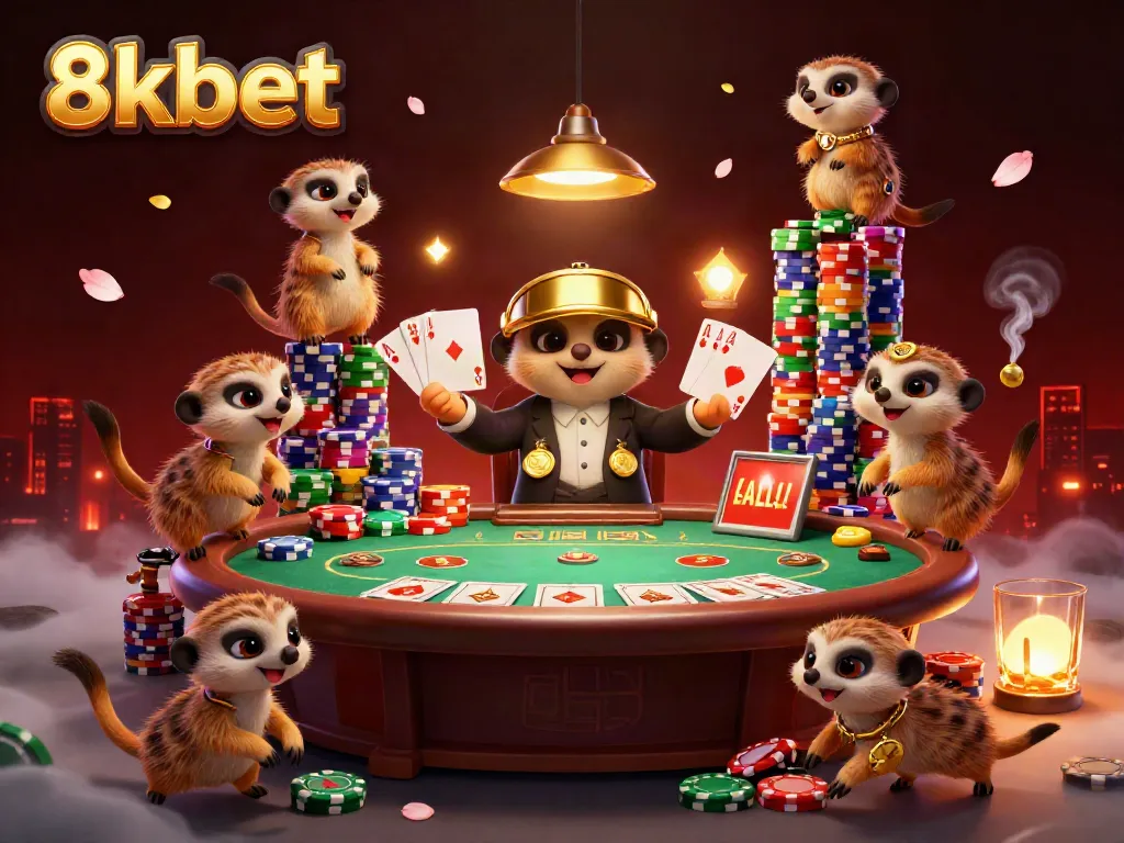 Experience exciting gameplay at 8kbet with meerkats managing a vibrant casino scene.