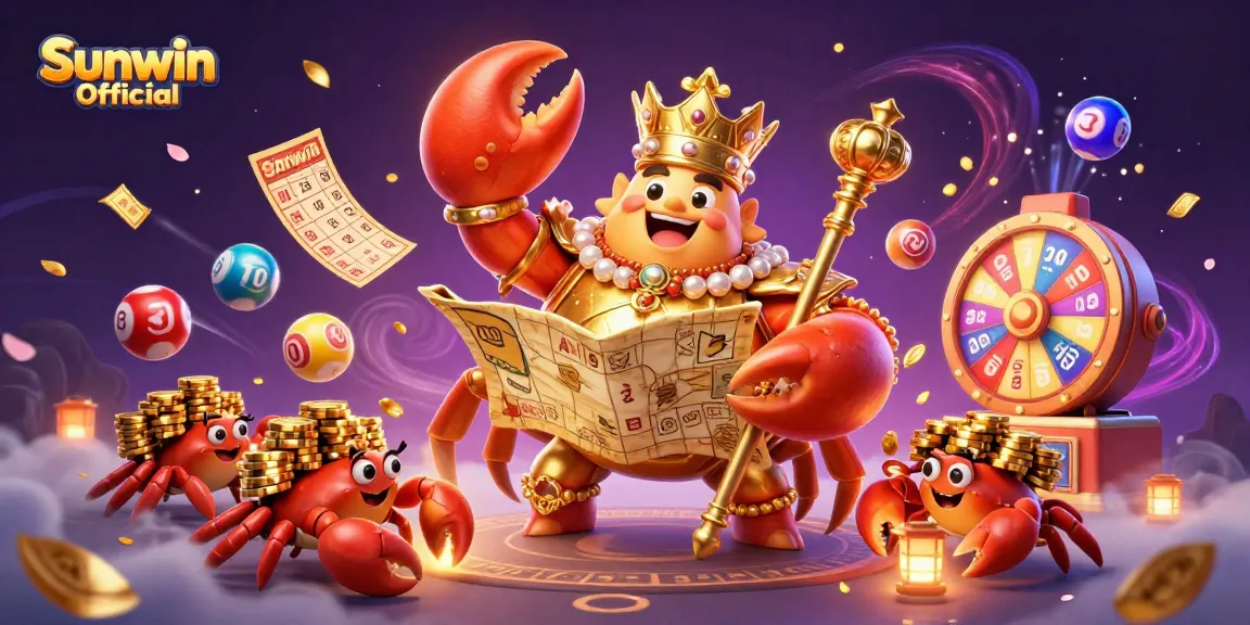 Experience the thrill of winnings at Sunwin Official with vibrant gaming elements and a majestic crab emperor.
