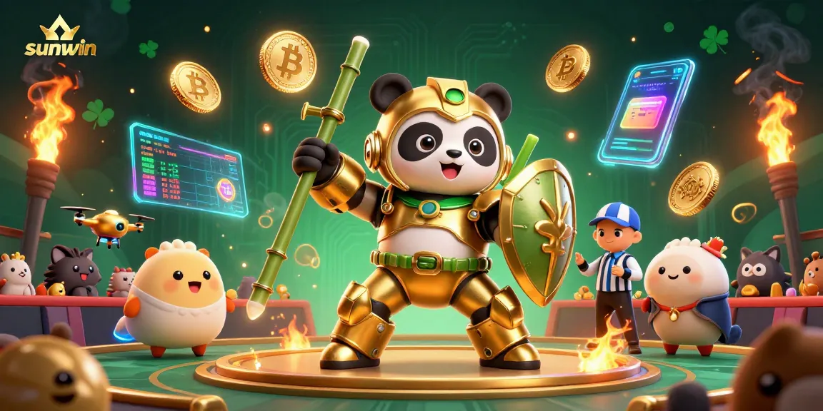 Experience thrilling gaming action at sunwin with a golden panda in a vibrant casino battle scene.