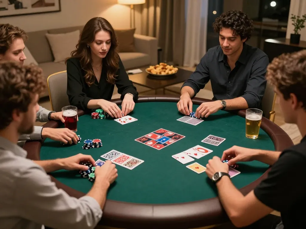 Engaged friends playing poker at home, showcasing strategic gameplay, features 98win.com atmosphere.