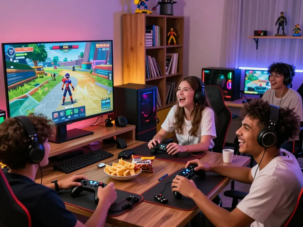 Friends enjoying engaging game sex sessions on screen during a vibrant game night, showcasing laughter and excitement in a cozy setting.