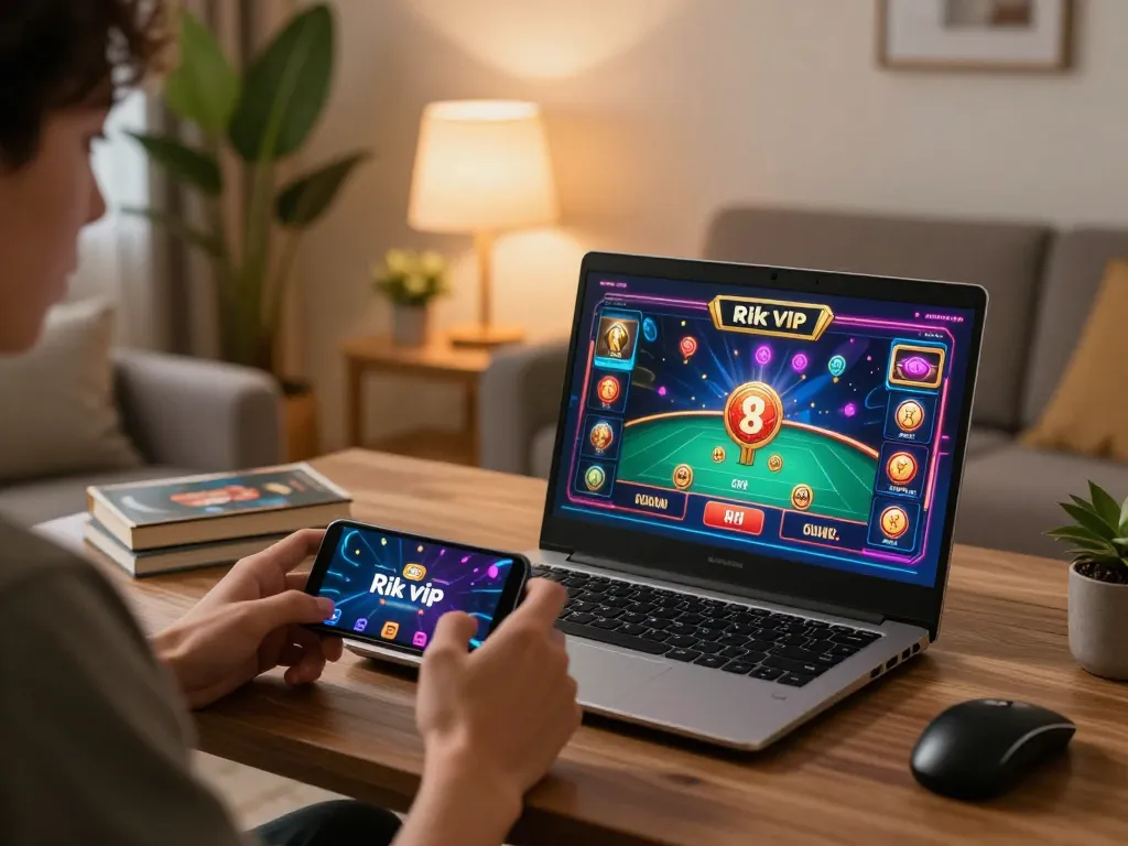 Player enjoying online gaming at home on Rik vip platform in a modern living room setting
