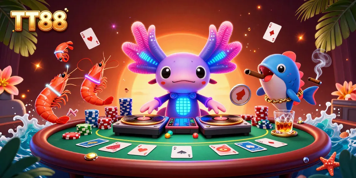 Experience thrilling online gambling action at TT88 with vibrant colors, poker scenes, and dynamic characters.
