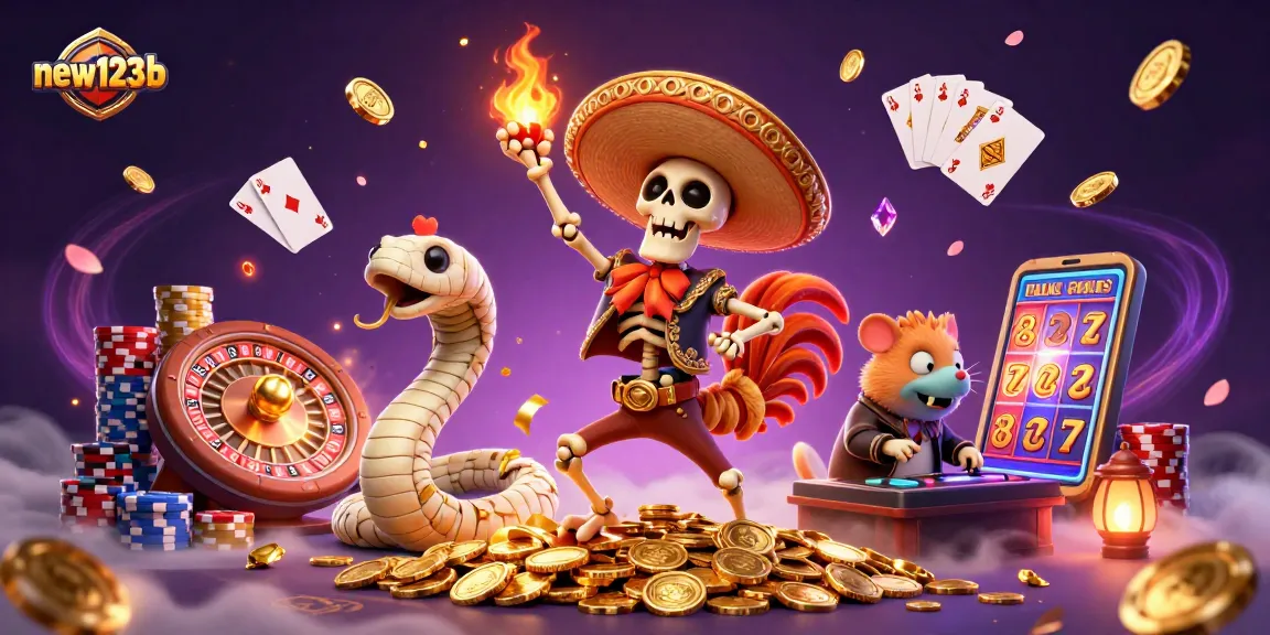 Experience thrilling gameplay with new123b's vibrant casino illustration featuring cartoon characters and golden coins.