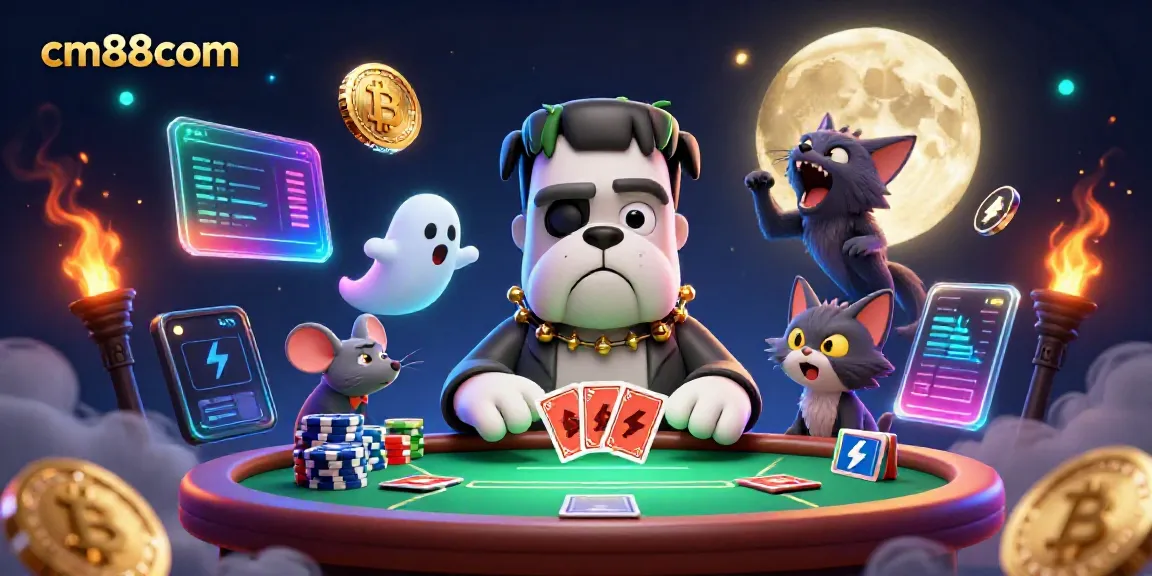 Engage with cm88com's thrilling online casino experience featuring a unique monster dealing cards amidst ghostly antics.