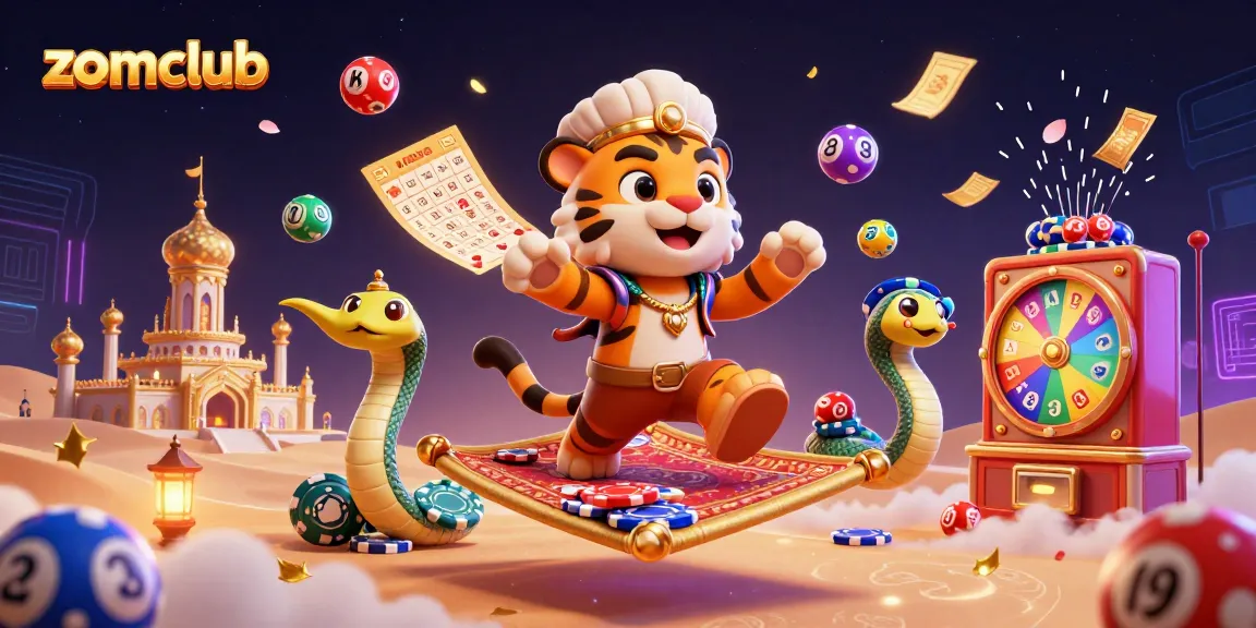 Zomclub's vibrant 3D casino illustration showcases excitement, featuring a tiger sultan on a flying carpet surrounded by lottery elements.