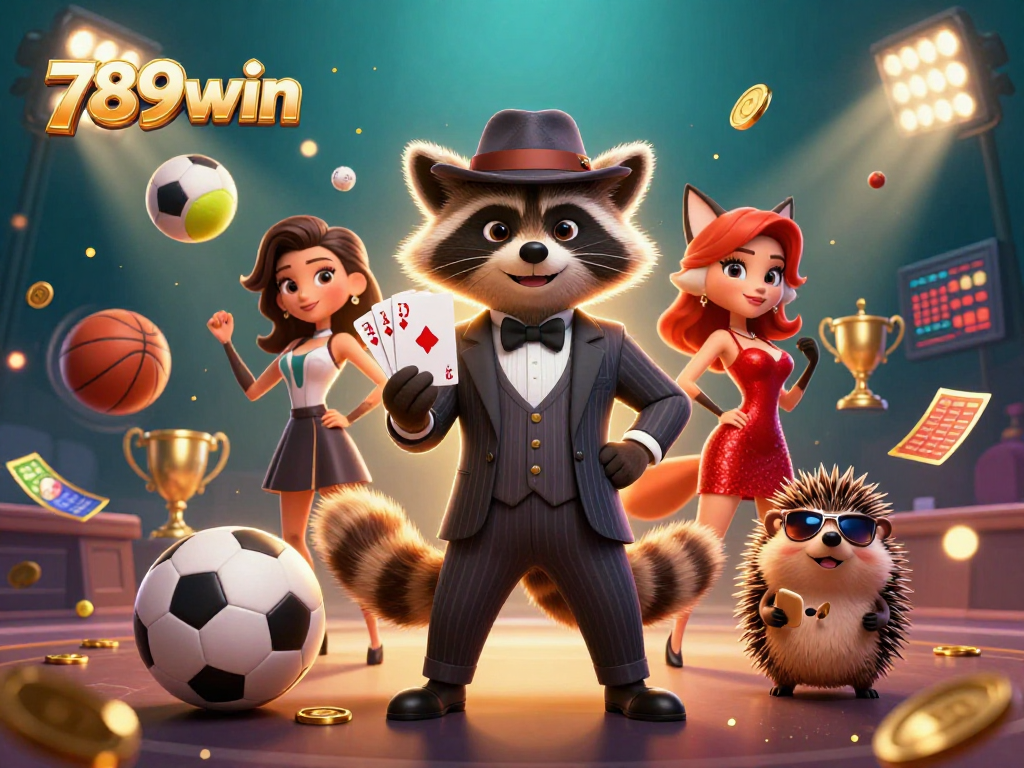 Betting up big with 789win, a suave raccoon in a pinstripe suit, and his fox companion in a lively casino scene.