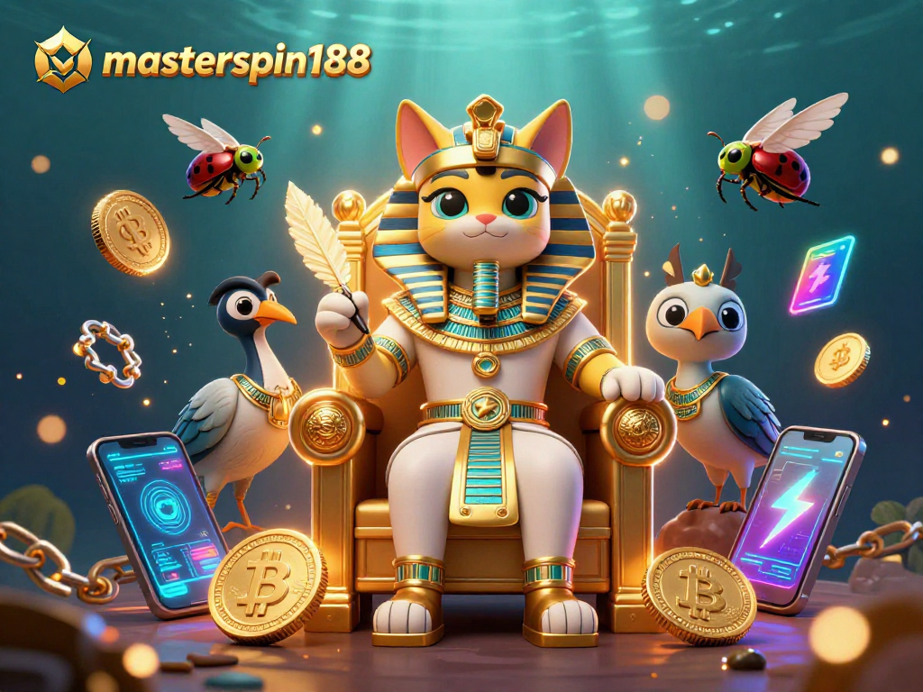 Experience the world of masterspin188 with a vibrant 3D pharaoh cat casino scene enriched by cryptocurrency elements.