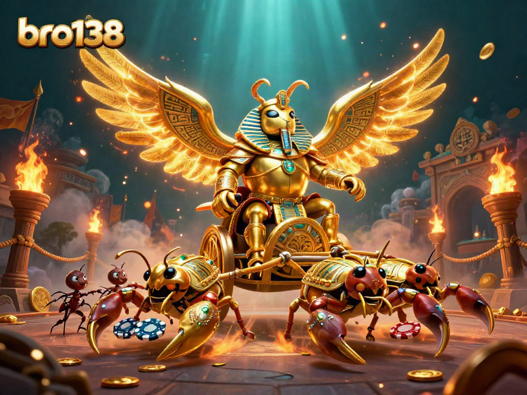 Experience the thrill of gambling with bro138's colossal pharaoh beetle soaring through a sports betting arena.