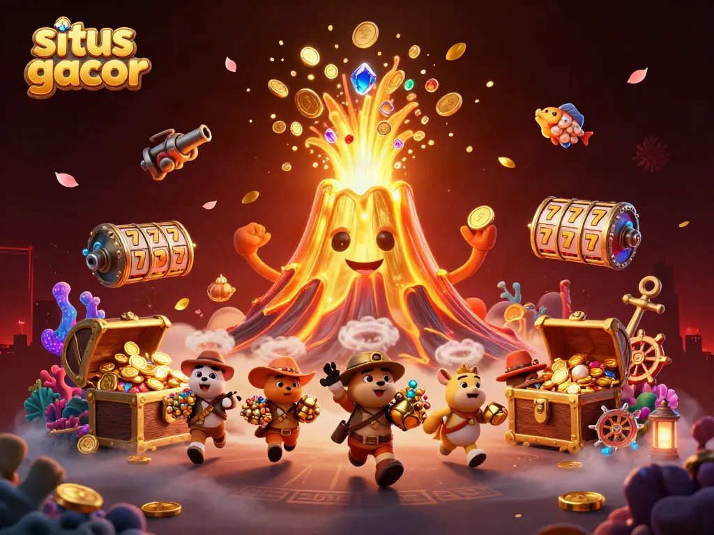 Experience the excitement of situs slot gacor with a lively 3D illustration showcasing treasure and game elements.
