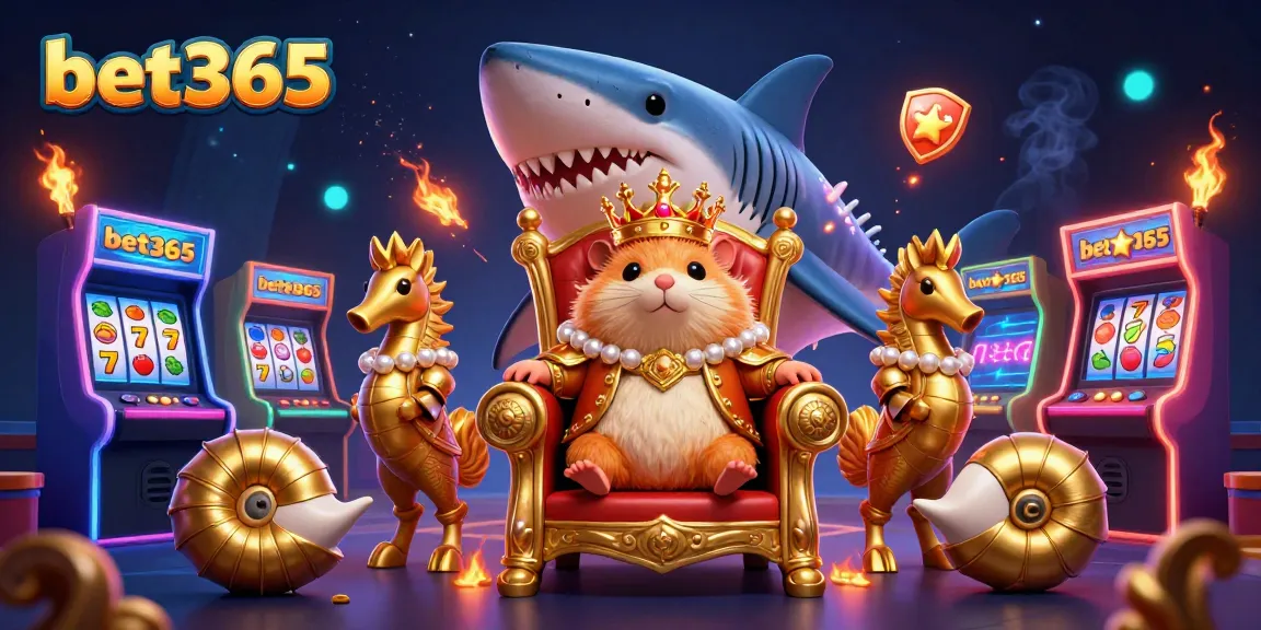 Engage with bet365's vibrant casino scene showcasing a golden hamster king and arcade games.