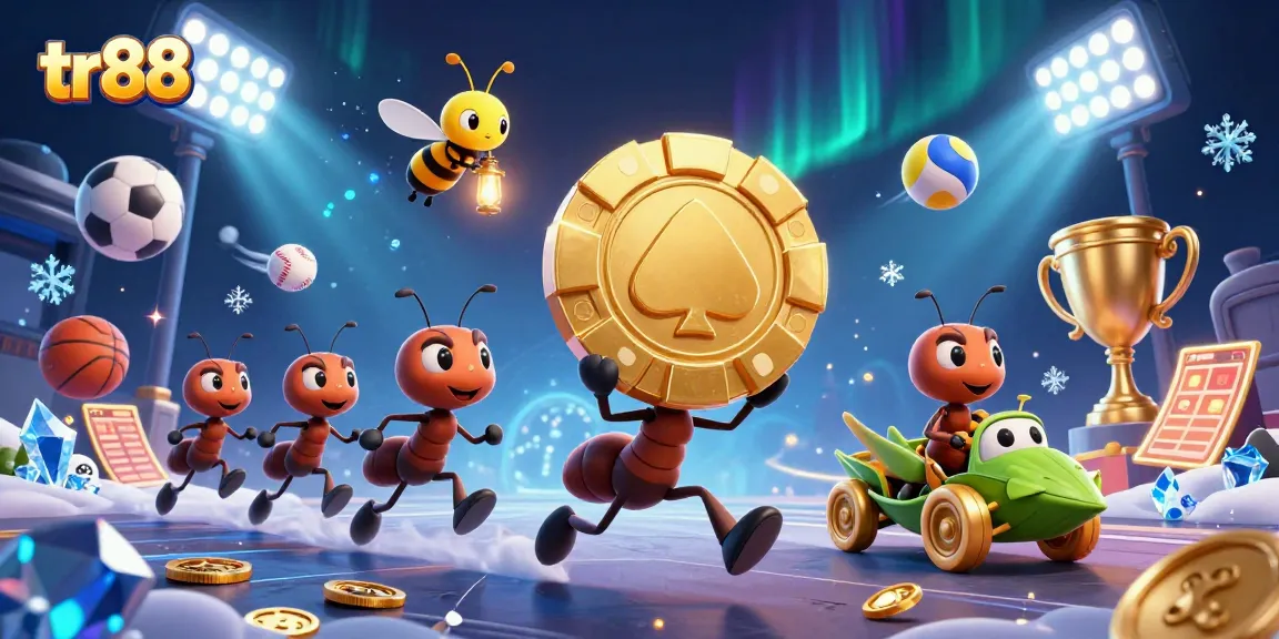 Experience the thrill of tr88 with ants heisting a giant poker chip, evoking a dynamic gambling scene.