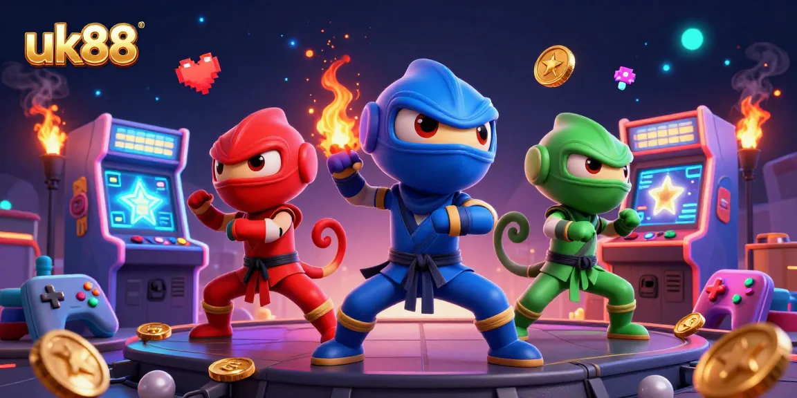 uk88 ninja chameleons performing on a rooftop amidst casino arcade themes, colorful action illustrated.