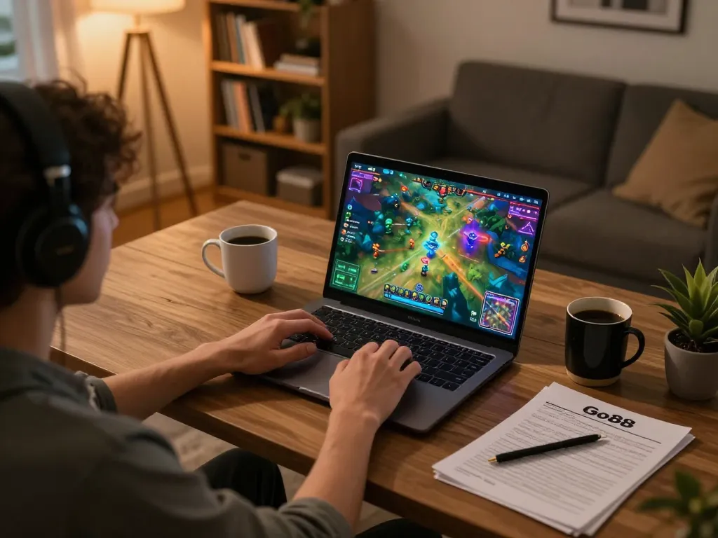 Engaging in strategic gameplay with Go88 on a laptop in a cozy home setting.