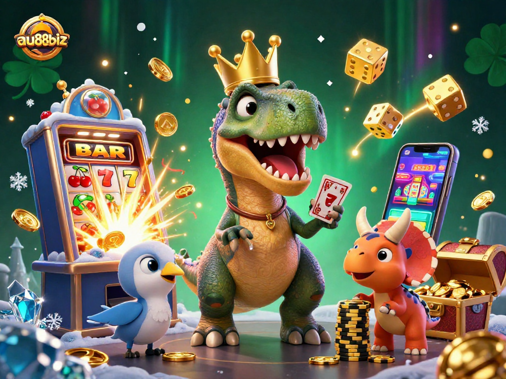 Experience the excitement of au88biz with a T-Rex, pterodactyl, and triceratops amidst vibrant casino elements!