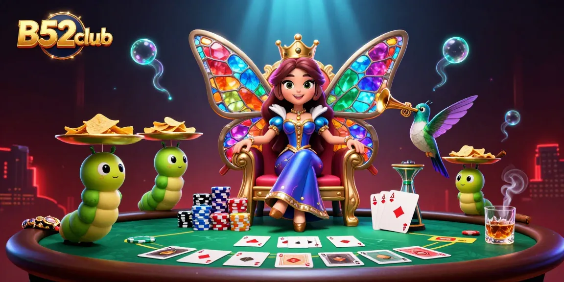 Experience exciting gameplay with B52club's unique casino atmosphere featuring vibrant characters and poker elements.