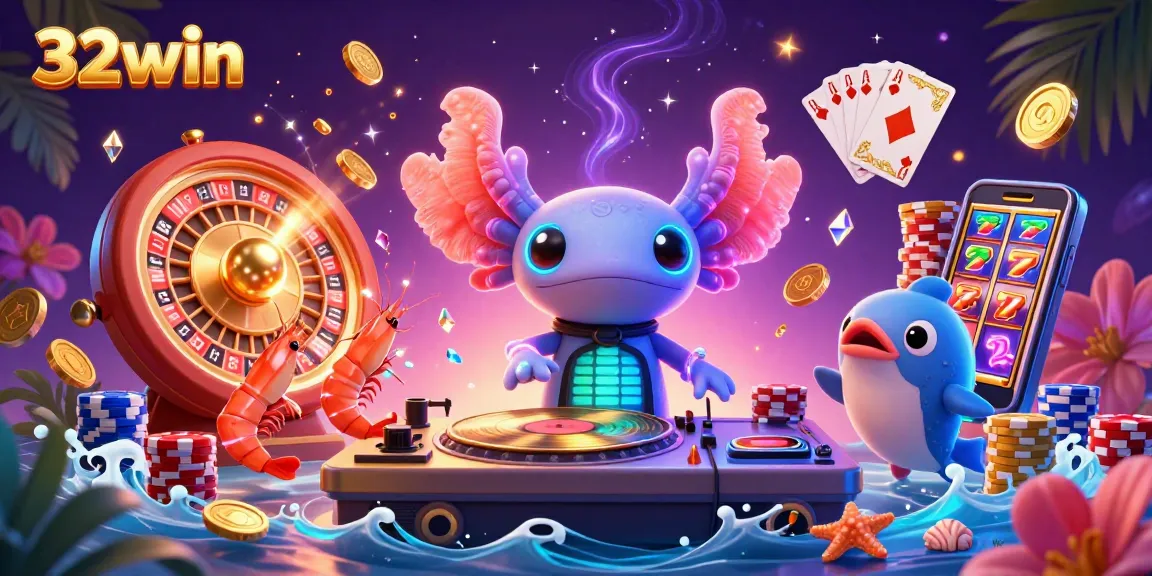 Engage with 32win's vibrant casino scene showcasing a neon axolotl DJ with festive underwater elements.
