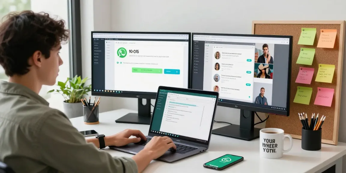 Using WhatsApp網頁版 on a modern laptop in a tech workspace.