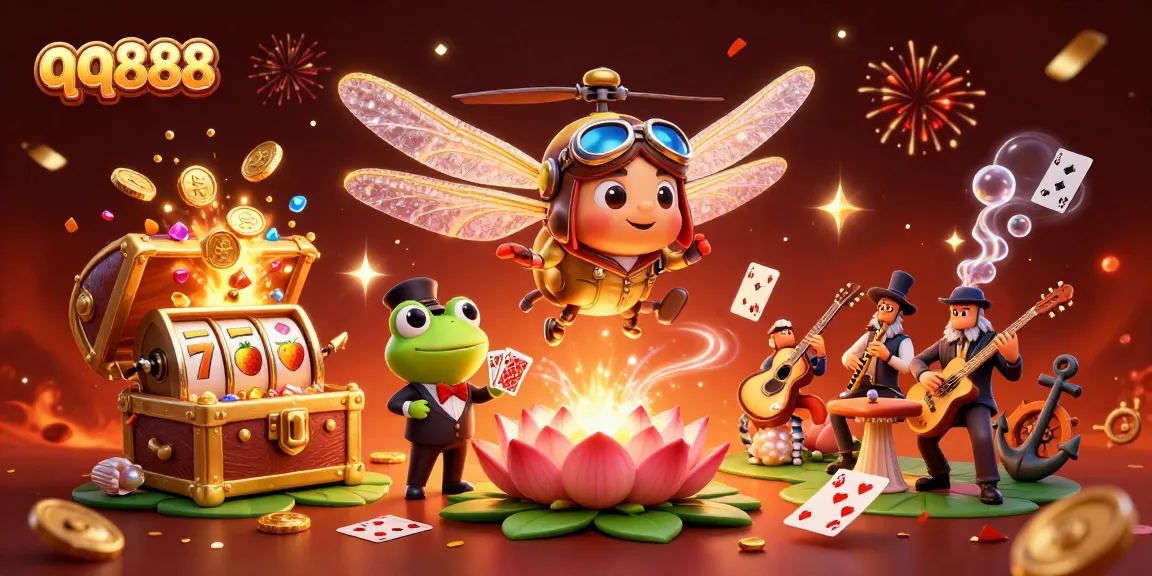 Experience winning thrills at qq888 with jazzing frogs and dazzling slot reels in a vibrant casino scene.