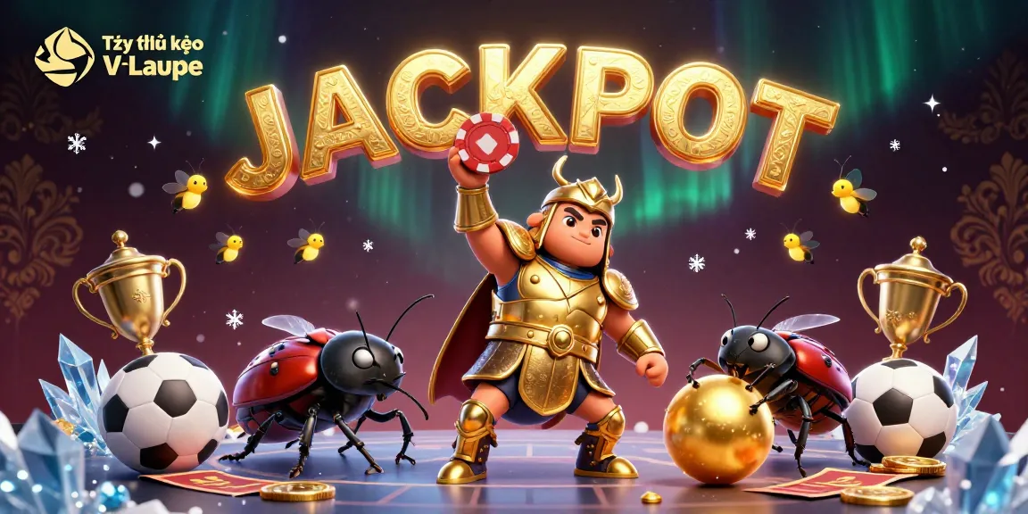 Tỷ lệ kèo V-League illustrated with 3D beetles, sports betting elements, and jackpot fireworks.