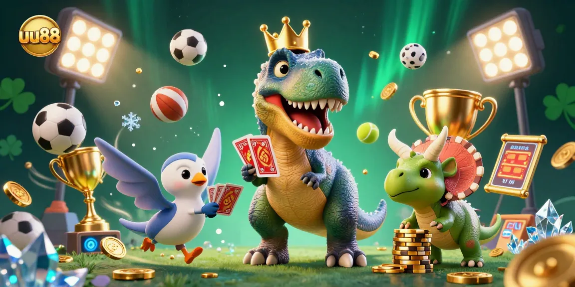 Engage with thrilling games at uu88, featuring a playful T-Rex, Pterodactyl assistant, and a baby Triceratops in a vibrant casino illustration.