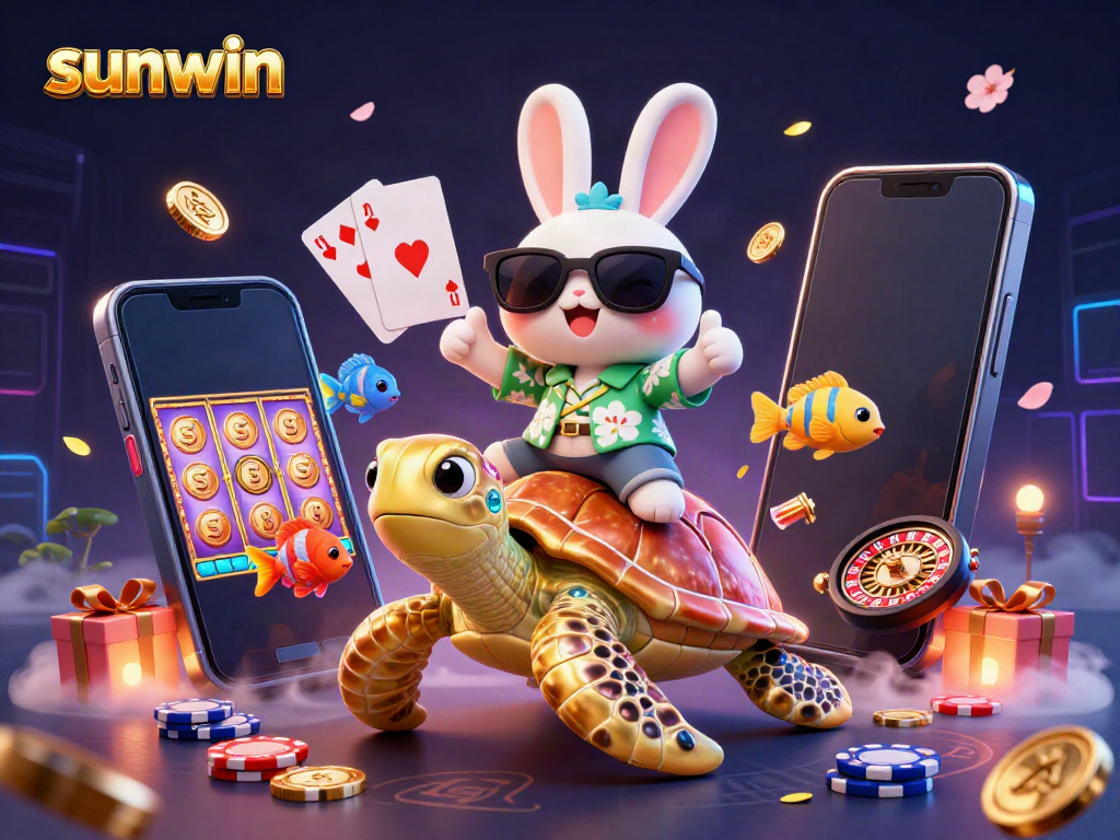 Experience the vibrant gaming world of Sunwin with an animated rabbit and sea turtle in a casino scene.