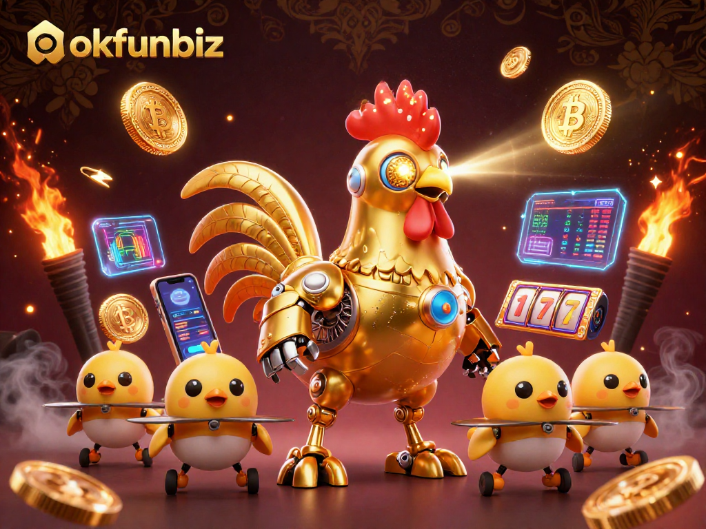 Engage in thrilling gameplay with okfunbiz's exciting slot experience featuring golden rooster characters.