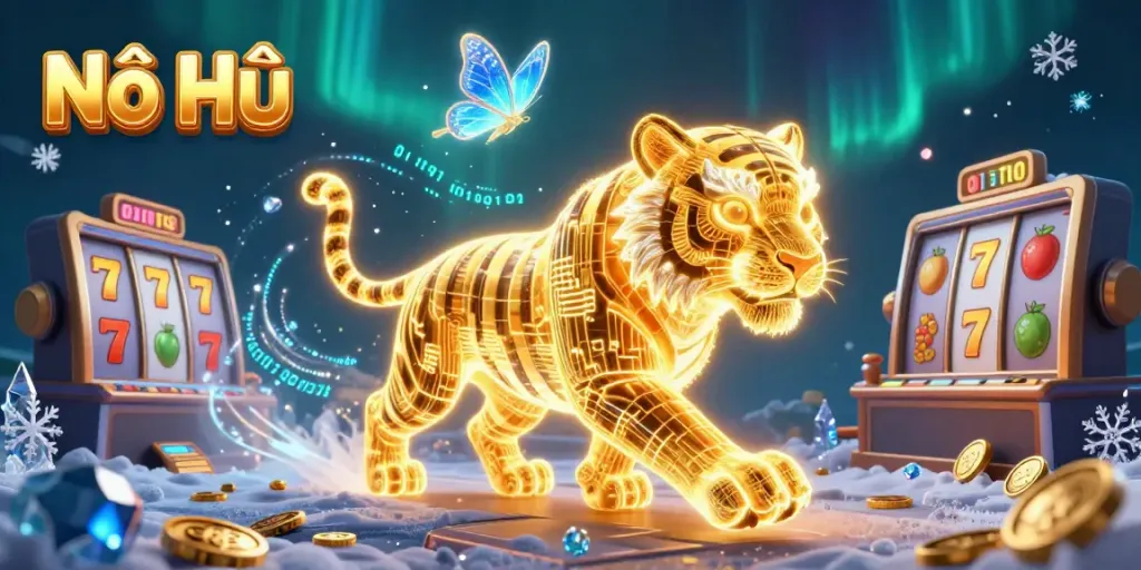 Experience the thrilling Nổ Hũ slot with a magical 3D scene of a golden tiger and captivating casino elements.
