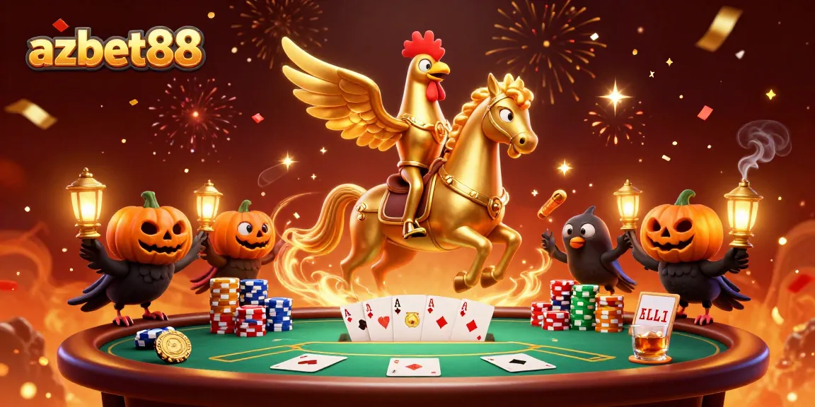 Join the thrills of azbet88 casino with golden rooster characters amidst vibrant gaming scenes.