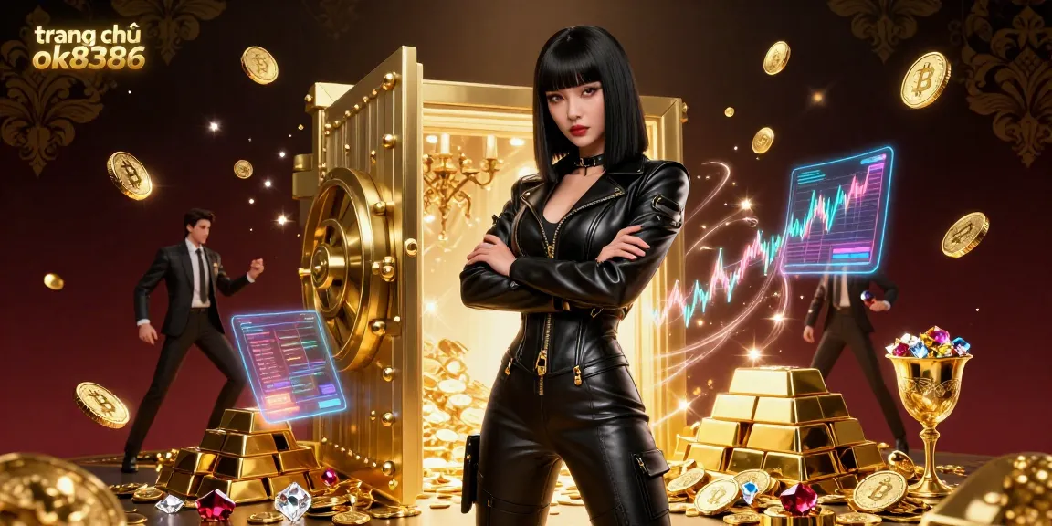 Engage with the stunning world of trang chủ ok8386, showcasing a powerful woman amidst gold and Bitcoin in a dynamic casino setting.