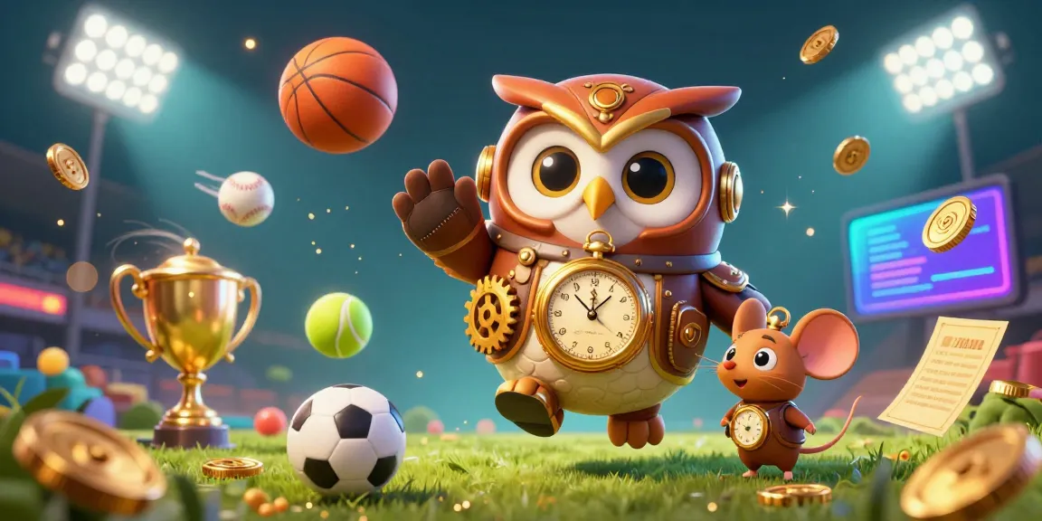 Experience the thrill of betting with Nova88 Sports in this dynamic, sports-themed illustration featuring an owl and clockwork mouse.