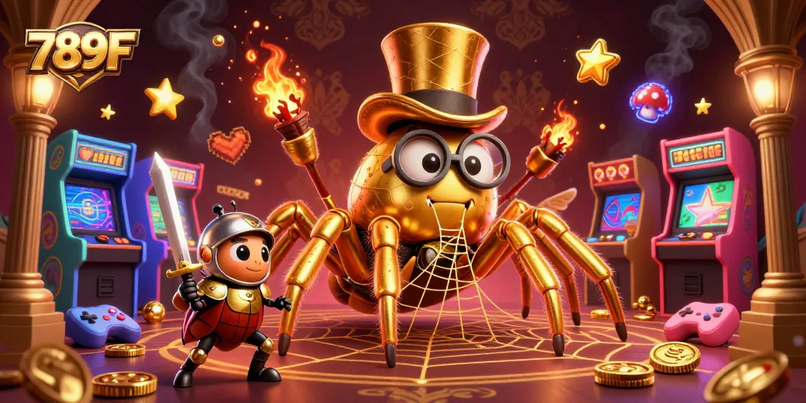 Engage in thrilling gameplay at 789F, featuring a golden tarantula and beetle knight in a vibrant casino.
