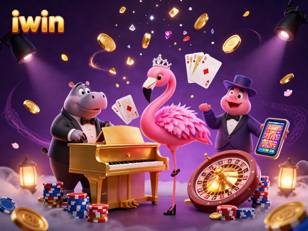 Win big with iwin: A vibrant 3D casino scene featuring a flamingo singer and hippo bassist