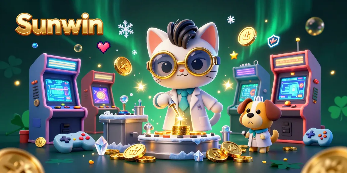 Experience thrilling gameplay with Sunwin's 3D cartoon illustration featuring a mad scientist cat and game elements.