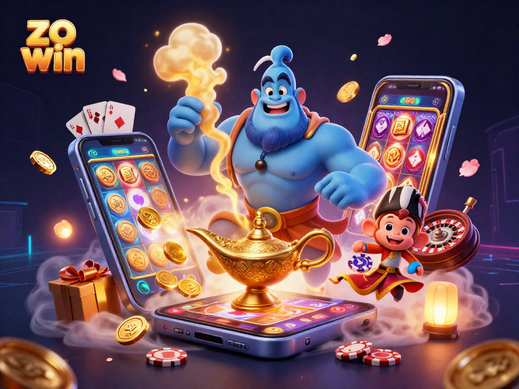 Experience the magic of zo win as a genie emerges from a mystical lamp in this vibrant casino scene.