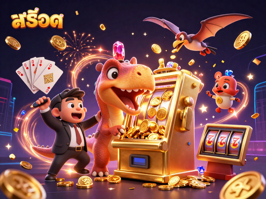 Experience stunningสล็อต action with a pachycephalosaurus winning a jackpot amidst cascading coins and vibrant casino elements in a dynamic 3D scene.