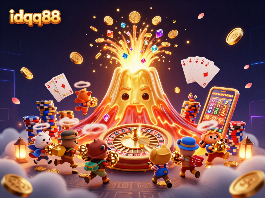 Spin the reels with idqq88 as a golden volcano erupts coins and gems amidst lively casino elements.