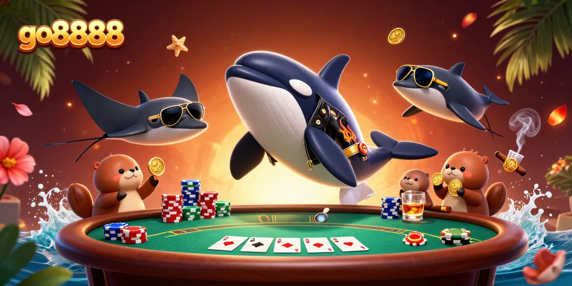 Orca whale and stingray engaging in a lively poker scene at go8888 with sea otters holding coins.